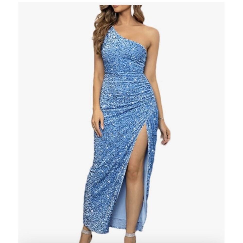 Women's One Shoulder Sequin Prom Dress - Sleeveless - Sparkly